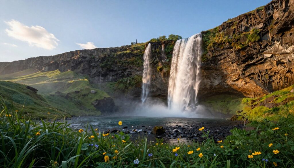 A breathtaking view of Palouse Falls in Washington during golden hour, showcasing the thundering cascade of water plunging down rugged cliffs into a serene pool below. In the foreground, lush green grass and vibrant wildflowers frame the scene, while the middle ground highlights the powerful waterfall surrounded by dramatic basalt rock formations. The background includes a clear blue sky with a few soft clouds, enhancing the tranquility of the setting. Capture the sunlight reflecting off the water, creating sparkling droplets in the air, evoking a sense of awe and natural beauty. Use a wide-angle lens perspective to emphasize the grandeur of the falls and the surrounding landscape, conveying a mood of peaceful exploration and stunning wilderness.
