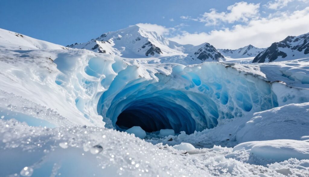 A breathtaking view of the Mendenhall Ice Caves in Alaska, showcasing intricate ice formations in vibrant shades of blue and white. In the foreground, glistening ice crystals catch the light, creating a sparkling effect. The middle ground features the dramatic entrance of the ice cave, with its translucent icy walls revealing stunning textures. In the background, majestic snow-capped mountains rise under a clear blue sky, with a few wispy clouds hinting at the pristine Alaskan atmosphere. Soft, natural lighting enhances the scene, evoking a sense of tranquility and awe. The composition is shot from a slight low angle to emphasize the grandeur of the ice structures, inviting viewers to explore this extraordinary natural wonder.