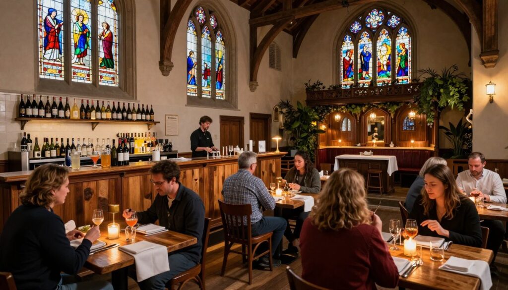 A captivating interior view of a converted church restaurant in Boston, showcasing elegant wooden beams and stained glass windows that cast colorful light onto the dining area. In the foreground, diners dressed in modest casual clothing are enjoying their meals at rustic wooden tables adorned with white linens and candles, creating an inviting atmosphere. In the middle ground, a bar area made from reclaimed wood features unique craft cocktails and an array of local wines, with an attentive bartender serving guests. In the background, the original church altar is transformed into a cozy dining nook with ambient lighting, surrounded by greenery. The overall mood is warm and welcoming, capturing the unique charm and thriving spirit of these hidden culinary gems. Use soft, diffused lighting to emphasize the cozy ambiance.
