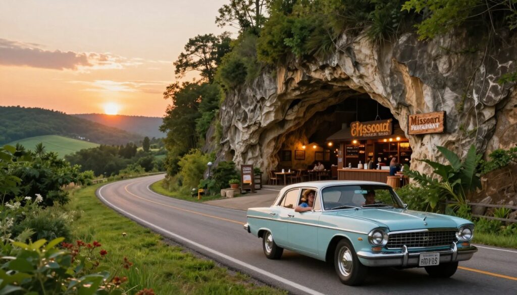 A captivating scene depicting a picturesque road trip to Missouri cave restaurants. In the foreground, a scenic, winding country road surrounded by lush greenery, with a vintage car showcasing cheerful travelers enjoying their journey. In the middle, a unique cave entrance that hints at the hidden charm of the restaurant inside, adorned with rustic wooden signage and warm, inviting light spilling from within. The atmosphere is lively and carefree, capturing the essence of adventure. In the background, rolling hills and a vibrant sunset cast a golden glow over the landscape, enhancing the magical mood. The image should have a soft focus and warm tones, evoking a sense of exploration and delightful culinary experiences.