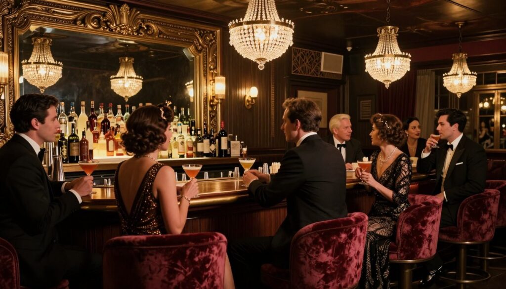 A charming historic speakeasy interior in a dim lit atmosphere, featuring an opulent bar adorned with vintage bottles and art deco decor. In the foreground, elegantly dressed patrons in professional attire engage in conversation, holding classic cocktails, showcasing the vibrant social scene of the 1920s. The middle ground highlights plush velvet seating and a polished wooden bar top, illuminated by warm, ambient lighting from dangling crystal chandeliers. In the background, an ornate mirror reflects the bar’s intricate details, enhancing the sense of depth and sophistication. The scene conveys an inviting, nostalgic ambiance, reminiscent of New Orleans' rich cocktail culture.