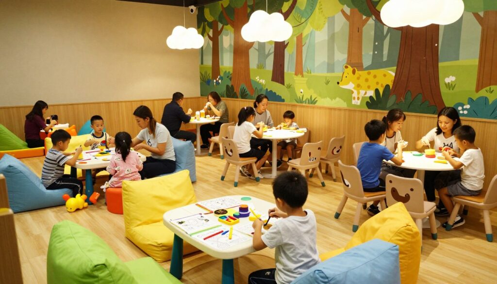 A cheerful and colorful kid-friendly cafe interior, bustling with families enjoying their meals. In the foreground, a vibrant play area filled with various toys, a small table with crayons and coloring books, surrounded by bright, oversized pillows. In the middle, a cozy seating area with child-sized chairs and tables, adorned with playful animal-themed decor and light fixtures shaped like whimsical clouds. The background showcases a large mural depicting a whimsical forest scene, bringing a sense of adventure. Soft, warm lighting bathes the space, creating a welcoming atmosphere. Capture this from a slightly elevated angle to emphasize the lively interplay between children and their parents, evoking a sense of joy and togetherness in a safe, inviting setting.