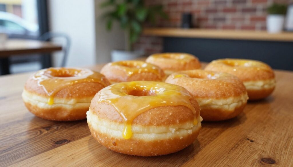 A close-up shot of a beautifully arranged plate of yuzu sourdough donuts, showcasing their unique texture and golden-brown crust, with a hint of yuzu glaze glistening on top. The donuts are artfully placed on a rustic wooden table, evoking a cozy, inviting atmosphere that's perfect for a trendy café in Portland. Soft, diffused natural lighting illuminates the scene, emphasizing the donuts’ fluffy interior and zesty glaze. In the background, a blurred image of a modern café interior, featuring brick walls and greenery, adds context without distracting from the main focus. The overall mood is warm and appetizing, inviting viewers to indulge in these innovative treats. A close-up shot of a beautifully arranged plate of yuzu sourdough donuts, showcasing their unique texture and golden-brown crust, with a hint of yuzu glaze glistening on top. The donuts are artfully placed on a rustic wooden table, evoking a cozy, inviting atmosphere that's perfect for a trendy café in Portland. Soft, diffused natural lighting illuminates the scene, emphasizing the donuts’ fluffy interior and zesty glaze. In the background, a blurred image of a modern café interior, featuring brick walls and greenery, adds context without distracting from the main focus. The overall mood is warm and appetizing, inviting viewers to indulge in these innovative treats.