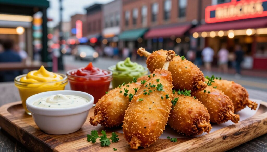 A close-up view of delicious crab corn dogs, expertly fried to a golden perfection, resting on a rustic wooden platter. In the foreground, the corn dogs are garnished with a sprinkle of fresh parsley and served alongside a small bowl of zesty dipping sauce. The middle ground features a vibrant arrangement of colorful condiments, such as mustard and ketchup, adding pops of color. In the background, softly blurred, a bustling Nashville street scene with neon lights and hints of local diners captures the essence of the city. The lighting is warm and inviting, reminiscent of a cozy evening at a food festival, enhancing the mouthwatering appeal of the dish. The mood is festive and lively, emphasizing Nashville's unique culinary culture.