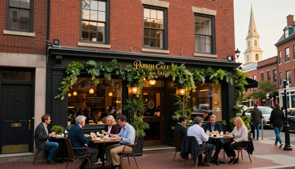 A cozy and inviting scene outside Parish Cafe and Bar on Boylston Street, showcasing its distinct façade featuring red brick contrasted with large windows. In the foreground, a small outdoor seating area is populated with patrons enjoying their meals, dressed in professional business attire and modest casual clothing, creating a vibrant yet laid-back atmosphere. The middle ground highlights the entrance, adorned with lush greenery and warm lighting, welcoming visitors. In the background, the historic architecture of Boston’s streets adds character, with hints of steeples and other holy places peeking through. The image is infused with a golden hour glow, enhancing the warm and welcoming mood. Captured from a slightly elevated angle to provide depth, focusing on the café's charm and surroundings, making it a perfect illustration of a hidden gem in Boston.