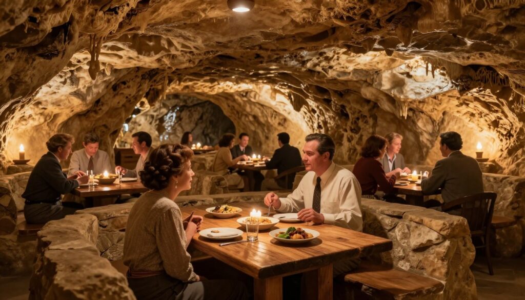 A cozy cave dining scene showcasing the history of cave restaurants in the United States. In the foreground, a rustic wooden table set with simple, earthy dishes, surrounded by stone seating that blends into the cave’s natural walls. In the middle ground, diners in professional business attire or casual clothing engage in conversation, reminiscent of 1920s and 1960s dining culture. The background features a softly-lit cavern, showcasing ancient rock formations and flickering candlelight reflecting off damp surfaces, creating an intimate atmosphere. Warm, golden light illuminates the scene, enhancing the texture of the stone and wood, while the camera angle is slightly low, making the cave's height feel grand and inviting. The overall mood is warm and inviting, evoking a sense of history and culinary tradition hidden within the earth.