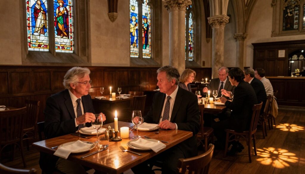 A cozy, inviting dining setup inside a historic church transformed into a restaurant. In the foreground, a beautifully set wooden table adorned with elegant dinnerware and flickering candles, creating an intimate atmosphere. The middle ground features warm lighting from stained glass windows casting colorful patterns on the floor. A few patrons in professional business attire are enjoying their meals, engaged in conversation, reflecting a sense of community and relaxed elegance. The background includes the grand architecture of the church, with high ceilings, ornate columns, and soft, ambient lighting. The overall mood is one of warmth, tradition, and a unique blend of spirituality and culinary delight, evoking the charm of Boston's hidden dining gems.