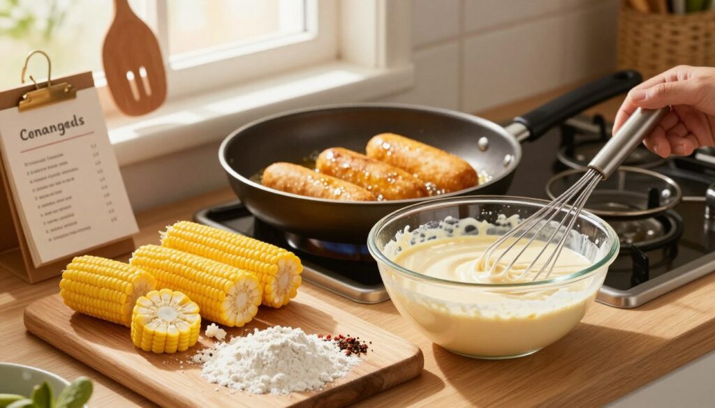 A cozy kitchen scene showcasing the process of making crab corn dogs. In the foreground, a wooden cutting board is filled with fresh ingredients: sweet corn, crab meat, flour, and spices. A mixing bowl with a creamy batter sits prominently, with a whisk beside it. In the middle ground, a frying pan sizzles with golden corn dogs being cooked to perfection, oil bubbling around them. In the background, a warm light filters through a window, casting a soft glow that enhances the inviting atmosphere. Utensils hang on a rack, and a recipe card rests on the counter, all set in a tidy, homey kitchen. The composition conveys a cheerful, home-cooking vibe suitable for any food lover.