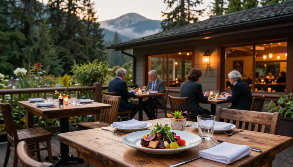A cozy, lesser-known dining spot nestled in the lush greenery of the Pacific Northwest, featuring rustic wooden tables and chairs adorned with elegant table settings. In the foreground, a beautifully plated dish showcasing local ingredients sits invitingly on the table, surrounded by fresh herbs and colorful garnishes. The middle ground includes a charming exterior of the restaurant, with large windows revealing the warm glow of candlelight inside, where a few patrons in professional attire enjoy their meals. The background showcases towering evergreens and misty mountains, bathed in soft, natural light during golden hour, creating a serene and inviting atmosphere. The scene captures the essence of unique culinary experiences, with a focus on authenticity and the beauty of nature.
