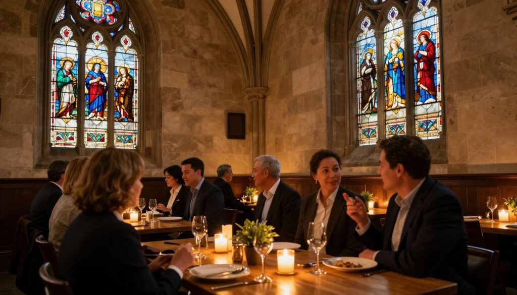 A cozy, unique restaurant nestled within an ancient, repurposed church, illuminated by soft golden light filtering through stained glass windows. In the foreground, a beautifully set table with elegant dinnerware is adorned with flickering candles and small potted plants, showcasing a distinct blend of modern and classic decor. The middle features patrons enjoying their meals, dressed in professional business attire, engaged in lively conversation while appreciating the unique atmosphere. In the background, the vibrant colors of the stained glass artwork catch the eye, highlighting intricate religious motifs. The overall mood is warm and inviting, capturing the architectural beauty and memorable ambiance of this hidden gem in Boston. The composition should have a slight angle, emphasizing the height of the vaulted ceilings and the grandeur of the space, with a shallow depth of field to keep the focus on the patrons and their setting.
