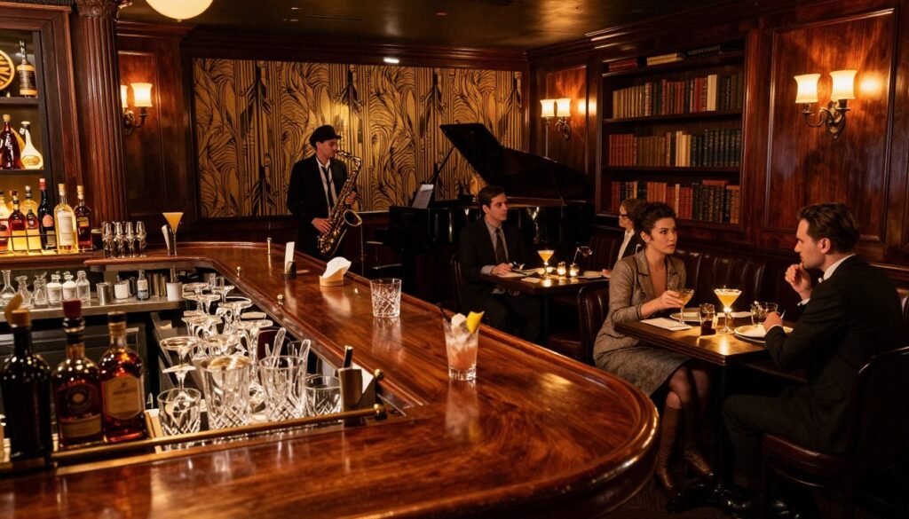 A dimly lit bootlegger-themed restaurant interior, inspired by the Prohibition era, featuring rich mahogany wood finishes and vintage decor. In the foreground, a polished wooden bar is adorned with crystal glassware and an array of premium liquor bottles. Patrons in smart casual attire enjoy artisanal cocktails at cozy, intimate tables with soft, ambient lighting casting warm shadows. The middle ground showcases a live jazz band playing in the corner, with a saxophonist and pianist creating a sophisticated atmosphere. The background reveals art deco wallpaper and shelves filled with books and memorabilia. The image conveys a sense of nostalgia and excitement, perfect for an evening out. Shot at eye level with a focus on warm, inviting lighting that enhances the ambiance.