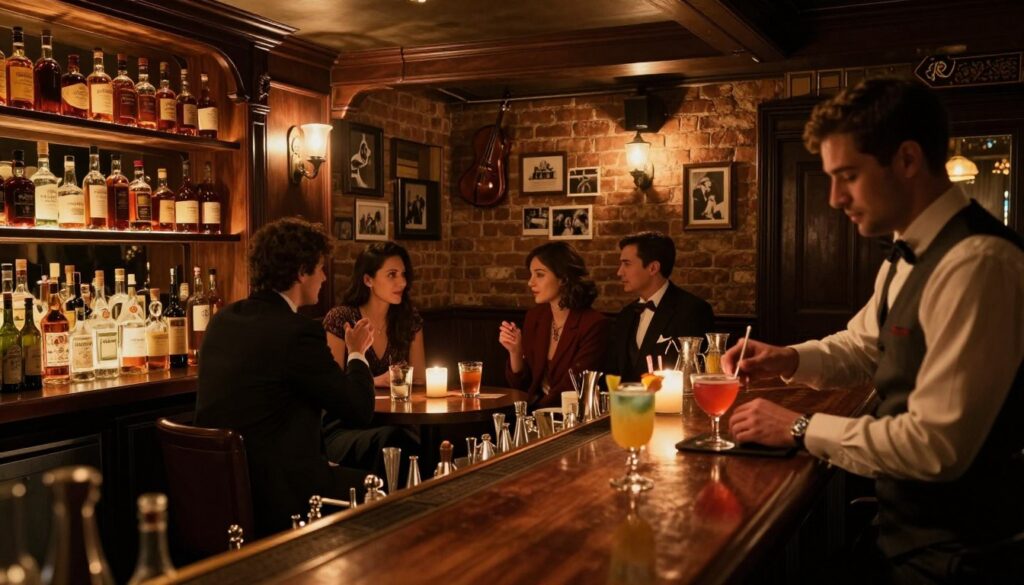 A dimly lit secret bar nestled in a historic building, with elegant wooden decor and vintage whiskey bottles lining the shelves. The foreground features a polished mahogany bar counter with an array of colorful cocktails, and a bartender in a stylish waistcoat and bow tie meticulously crafting drinks. In the middle, small tables with flickering candlelight create an intimate atmosphere, where patrons, dressed in smart casual attire, quietly converse in hushed tones. The background reveals exposed brick walls adorned with vintage photographs and subtle jazz memorabilia, evoking a speakeasy vibe. Soft golden lighting enhances the warm, inviting mood, while a shallow depth of field focuses on the bar scene, inviting viewers to imagine the exclusive experience of entering this hidden gem.