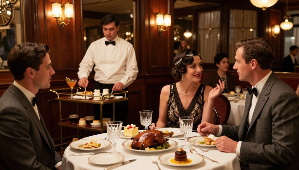 A lavish 1920s dining experience set in an elegant Charleston restaurant. In the foreground, a beautifully set table with fine china, crystal glasses, and ornate silverware, featuring sumptuous dishes like roast duck and decadent desserts. To the side, a well-dressed couple in stylish 1920s attire—him in a sharp suit and her in a classy flapper dress, both engaged in lively conversation. In the middle ground, waitstaff in crisp uniforms serve cocktails from a vintage bar cart, showcasing art deco design. The background reveals rich dark wood paneling and period-appropriate chandeliers casting warm golden light, creating an intimate yet lively atmosphere. Capture the essence of a speakeasy with soft shadows and rich colors, evoking a sense of nostalgia and excitement.