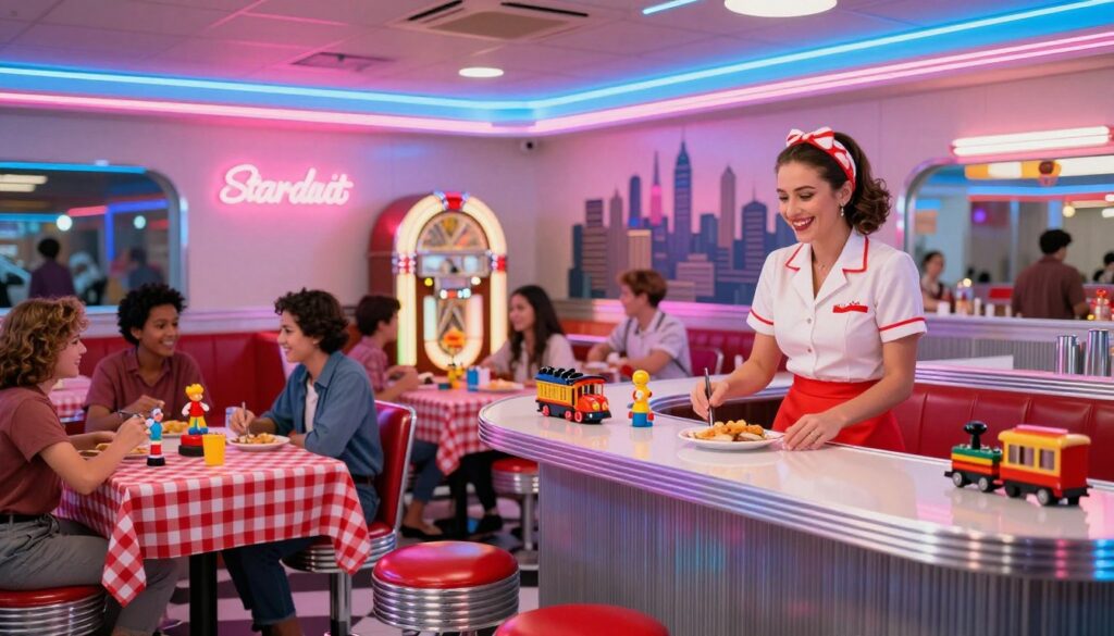 A lively retro diner scene inspired by Ellen's Stardust Diner in New York City, featuring bright neon lights in pink and blue hues. In the foreground, a vintage chrome diner counter with red vinyl stools, where a cheerful waitress in a classic uniform engages with customers. The middle ground showcases tables adorned with checkered tablecloths and colorful toy memorabilia scattered around, like vintage action figures and toy trains. In the background, a jukebox plays upbeat tunes, illuminated by soft, warm lighting, while a mural of the New York skyline adds depth. The atmosphere is vibrant and nostalgic, evoking a sense of joy and celebration reminiscent of 1950s diners. Use a wide-angle lens for a dynamic perspective, capturing the bustling energy without any text or distractions.
