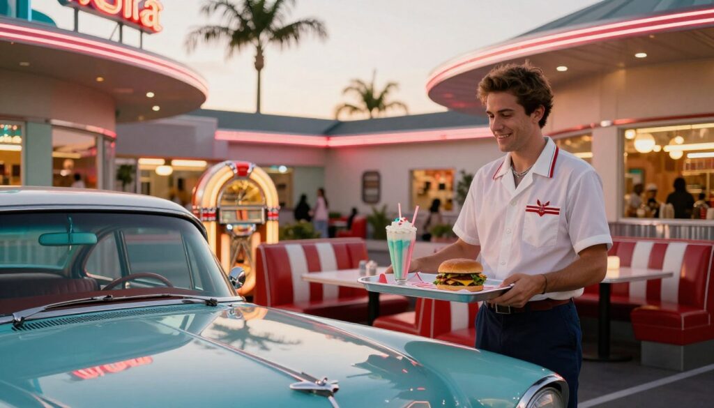 A nostalgic retro dining experience at Roberts Drive-In in Merced, California. In the foreground, a classic 1950s car is parked, with a friendly car hop in retro uniform, serving a tray of colorful milkshakes and burgers. The middle ground features a vibrant outdoor dining area lined with red and white striped booths under bright neon signs. A vintage jukebox stands nearby. In the background, palm trees sway gently under a warm, golden sunset, casting long shadows. The scene is illuminated with soft, ambient lighting that enhances the nostalgic mood, while a slight bokeh effect adds depth. The image captures the lively spirit and charm of a classic American drive-in restaurant, evoking a sense of warmth and community.