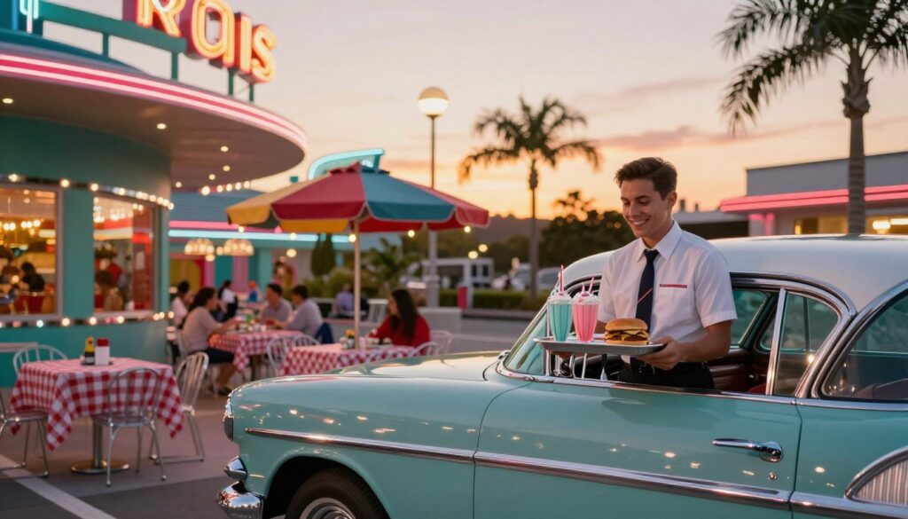 A nostalgic vintage dining experience at a classic drive-in restaurant, featuring a charming outdoor setup with colorful retro signs and bright neon lights. In the foreground, a classic car from the 1950s with a polished finish is parked at a curbside service station, attended by a friendly car hop dressed in a smart uniform, smiling while delivering a tray of frosty shakes and burgers. The middle ground showcases an inviting dining area with checkered tablecloths, colorful umbrellas, and twinkling string lights creating a warm ambiance. The background reveals a sunset sky casting a golden hue, with palm trees swaying gently. The soft lighting evokes a feeling of nostalgia, enhancing the old-fashioned American diner vibe, reminiscent of simpler times. Capture this scene with a slight tilt-shift lens to emphasize the drive-in's lively atmosphere.