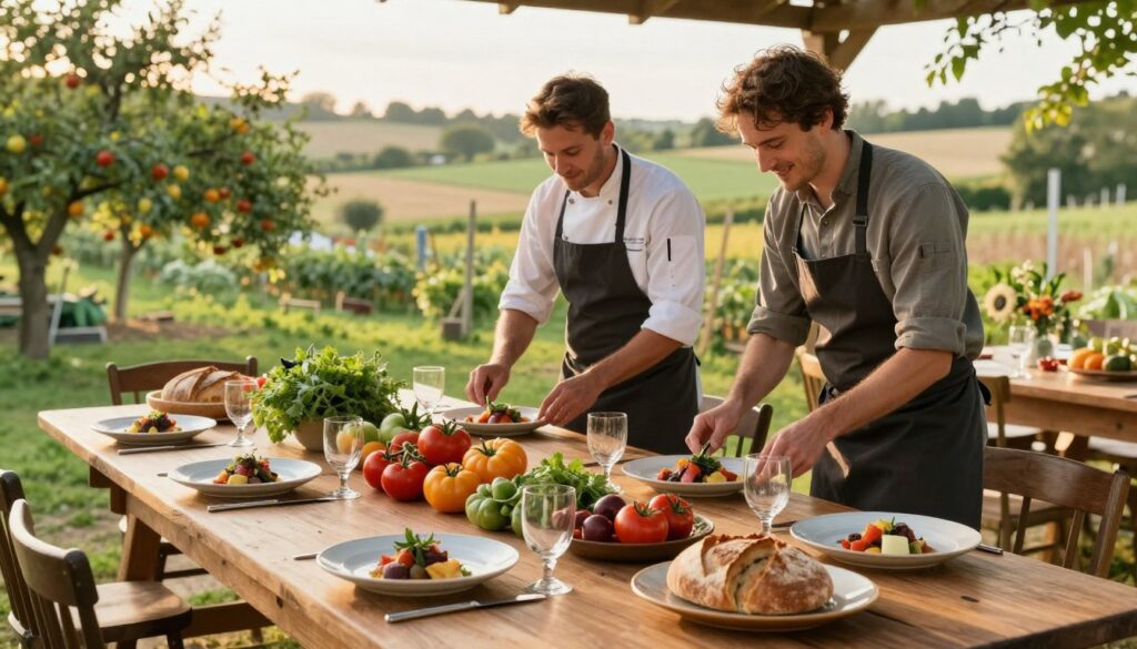 A picturesque farm-to-table dining setup in a rustic small-town setting. In the foreground, a beautifully set wooden dining table adorned with vibrant local produce: colorful heirloom tomatoes, fresh herbs, and artisanal bread. Elegant ceramic plates are arranged with mouthwatering dishes, showcasing seasonal ingredients. In the middle, smiling chefs in modest, professional attire are plating dishes, illustrating a sense of community and craftsmanship. In the background, a lush green farm landscape is visible, dotted with fruit trees and fields, bathed in warm golden sunlight that enhances the inviting atmosphere. The scene captures a feeling of warmth, connection to nature, and culinary artistry, as if inviting viewers to relish the charm of small-town fine dining. The overall mood is cheerful and serene, evoking a sense of authenticity and satisfaction.