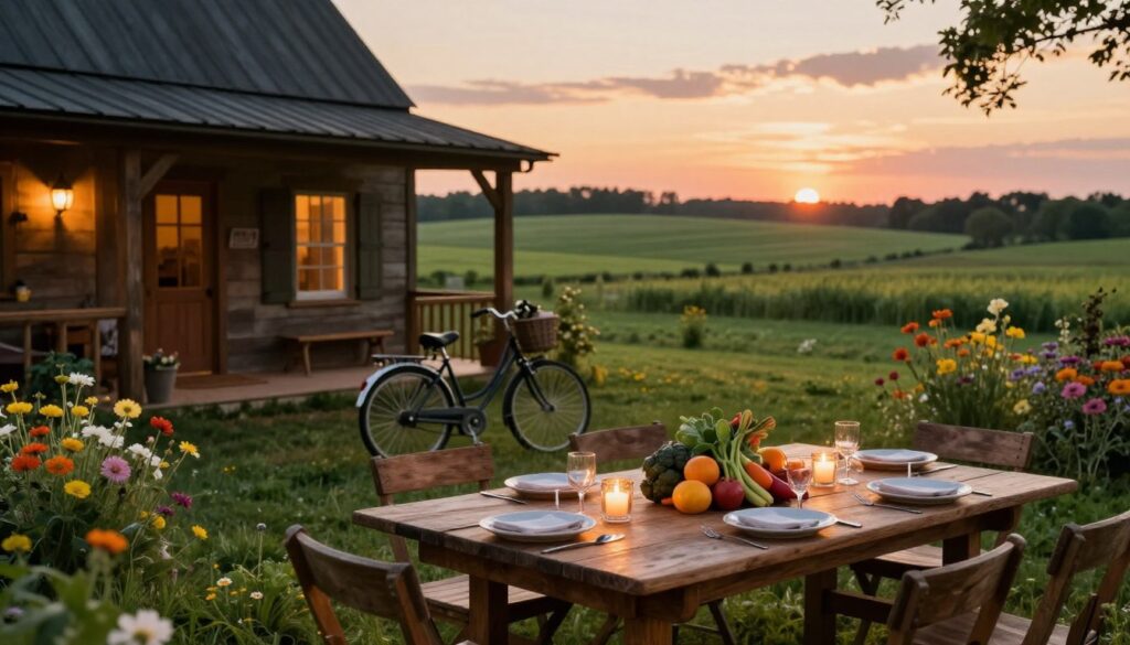 A picturesque rural dining spot nestled in the heart of the Midwest, showcasing a charming wooden farmhouse with cozy outdoor seating. In the foreground, a rustic wooden table adorned with colorful farm-fresh produce and delicate, flickering candlelight sets an inviting scene. The middle ground features a vintage bicycle parked nearby, surrounded by wildflowers in vibrant bloom, adding a touch of whimsy. In the background, rolling green fields stretch towards a sunset, casting warm golden hues over the landscape. Soft, ambient lighting creates a tranquil atmosphere perfect for an evening meal. The mood is relaxed and inviting, capturing the essence of fine dining in a quaint small-town setting.