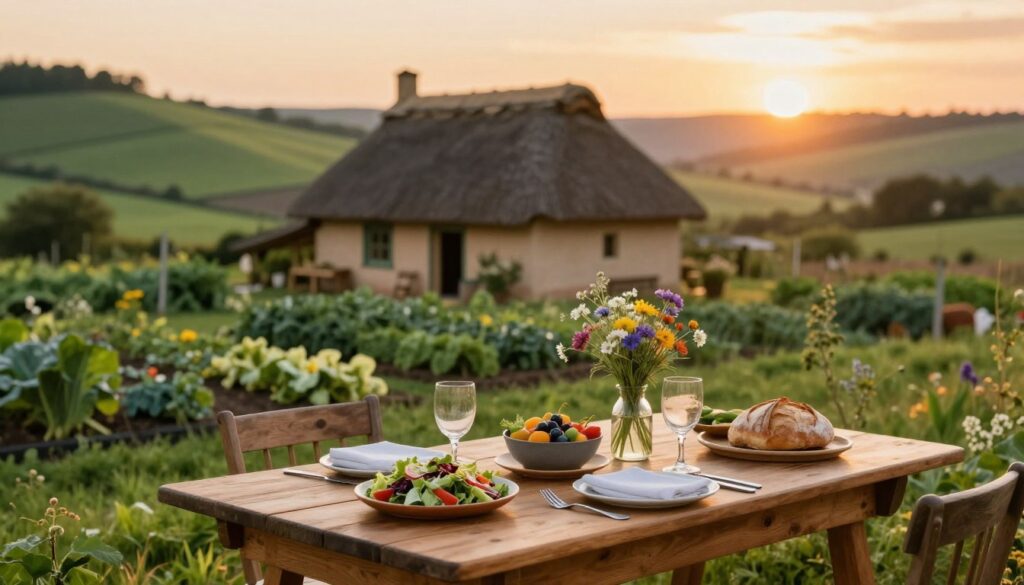 A picturesque rural landscape showcasing a charming, rustic dining setup. In the foreground, a beautifully arranged wooden table laden with vibrant, locally-sourced dishes such as fresh salads, artisanal bread, and seasonal vegetables. A delicate vase of wildflowers adds a touch of natural beauty. In the middle ground, a quaint farmhouse with a thatched roof and a lush vegetable garden can be seen, surrounded by rolling green hills. The background features a soft, golden sunset casting warm, inviting light over the scene, enhancing the tranquil atmosphere. A shallow depth of field focuses on the table while softly blurring the house and hills, creating an intimate and welcoming mood, ideal for planning a culinary adventure in the countryside.