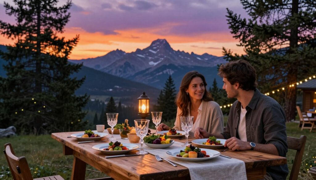 A picturesque table set for an elegant dining experience in the Rocky Mountains, nestled under a canopy of evergreen trees. In the foreground, a rustic wooden table is adorned with fine china, crystal glassware, and elegant linen, featuring a gourmet meal artfully plated with colorful, fresh ingredients. A couple dressed in smart casual attire enjoys their meal, exuding a sense of warmth and intimacy. In the middle ground, a gently flickering outdoor lantern casts a soft glow, enhancing the romantic atmosphere. In the background, majestic peaks rise against a twilight sky streaked with vibrant hues of orange and purple, while subtle twinkling fairy lights add a magical touch. The scene conveys a sense of adventure and fine dining in a serene rural setting.