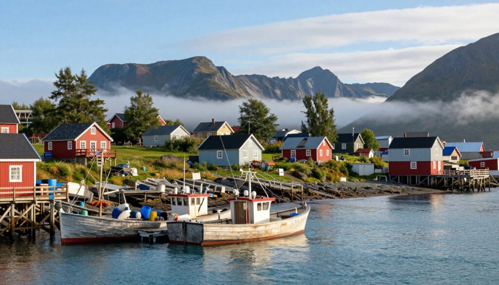 A remote fishing village in Point Baker, Alaska, nestled along a rugged coastline. In the foreground, weathered wooden boats are moored at a dilapidated dock, bobbing gently in the calm, turquoise waters. Fishing gear is scattered about, hinting at a bustling nautical life. The middle ground features charming, quaint houses with colorful exteriors, surrounded by lush greenery and a few scattered trees. Nearby, a small fish processing plant adds authenticity to the scene. In the background, majestic mountains rise in a misty haze, framed by a clear blue sky with wisps of clouds, creating a serene atmosphere. The lighting is soft, suggesting either early morning or late afternoon, casting gentle shadows. This picturesque setting evokes a sense of tranquility and isolation, characteristic of life in a remote fishing village.