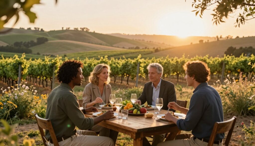 A rustic, charming outdoor dining setup nestled in a serene California countryside, featuring a wooden table adorned with elegant tableware and fresh local produce. In the foreground, a diverse group of three people dressed in smart casual and professional attire, engaged in lively conversation over gourmet dishes. The middle ground showcases a backdrop of rolling vineyards and sun-kissed hills, dotted with wildflowers, under a radiant sunset casting warm golden light across the scene. Capture a sense of intimacy and warmth, with soft-focus bokeh effect around the edges, creating an inviting atmosphere that embodies the allure of off-the-beaten-path dining experiences. Use a wide-angle lens to encompass the enchanting landscape while emphasizing the communal dining experience.