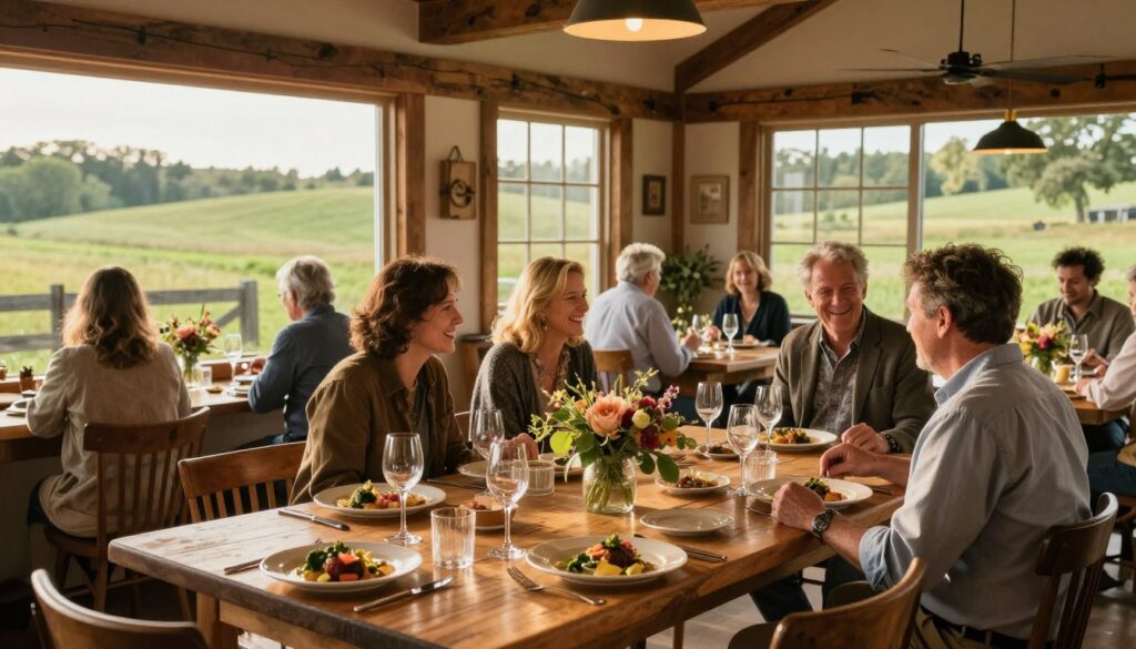 A rustic dining scene set in a charming small-town restaurant nestled in a lush green countryside. In the foreground, a beautifully set wooden table with elegant dinnerware and seasonal floral centerpieces. In the middle, patrons dressed in smart casual attire are enjoying exquisite dishes crafted from local ingredients, sharing laughter and conversation. The background features large windows allowing soft, warm golden light to flood the space, casting gentle shadows and highlighting the wood-beamed architecture. The atmosphere is cozy and inviting, with hanging pendant lights softly illuminating the intricate details of locally sourced décor. This image captures the essence of innovative fine dining in rural America, blending sophistication with a rustic charm, evoking a sense of community and culinary exploration.