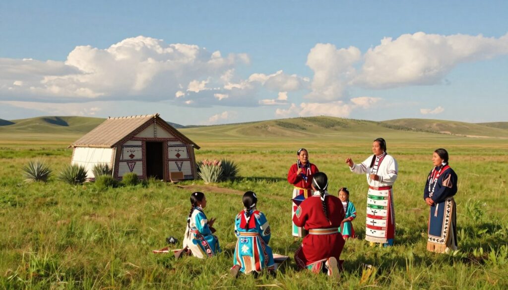 A scenic, stylized representation of the Republic of Lakotah, illustrating its unique identity as an unrecognized state in the U.S. In the foreground, depict a vibrant Lakota family dressed in traditional attire, engaging in a cultural ceremony on lush green grass, with colorful patterns symbolizing their heritage. In the middle ground, include a small traditional Lakota dwelling, adorned with intricate beadwork and surrounded by native plants. In the background, feature a sprawling landscape of the Great Plains under a bright blue sky with soft, fluffy clouds, capturing the essence of the Lakota homeland. Use warm, natural lighting to enhance the atmosphere of unity and cultural richness, aiming for a serene and respectful mood, viewed from a slightly elevated angle to encompass both the people and the landscape.