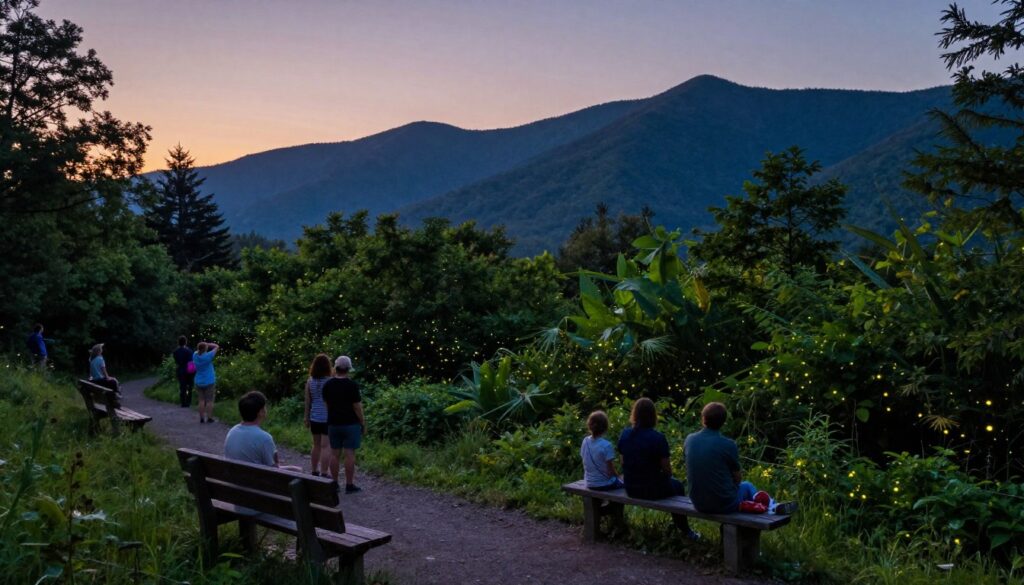A serene evening scene at the Elkmont viewing area in the Great Smoky Mountains National Park, showcasing lush greenery, gently illuminated by the warm glow of fireflies synchronizing in the twilight. In the foreground, wooden benches and well-defined trails guide visitors observing the spectacle. The middle ground is filled with clusters of spectators, including families and nature enthusiasts dressed in modest casual clothing, attentively watching the firefly display. The background features the majestic mountains silhouetted against a dusky sky, where the last rays of sunlight blend with emerging stars. Soft lighting accentuates the vibrant colors of the landscape while a sense of tranquility pervades the atmosphere. The angle captures the essence of the viewing experience, inviting the viewer to immerse in the magical moment.