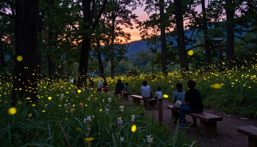 A serene firefly viewing area in a lush Smoky Mountain forest at twilight. In the foreground, soft, glimmering yellow fireflies dance among wildflowers and tall grasses. The middle ground features a winding path lined with rustic wooden benches where families or couples in modest casual clothing sit, gazing in wonder at the magical scene. The background showcases towering trees silhouetted against a fading orange and purple sky, with the last light of day casting a gentle glow through the leaves. The atmosphere is tranquil and enchanting, inviting onlookers to immerse themselves in nature's spectacle. Soft bokeh effects highlight the fireflies, while a wide-angle lens captures the depth of the forest. The overall mood is one of awe and peaceful connection with nature.