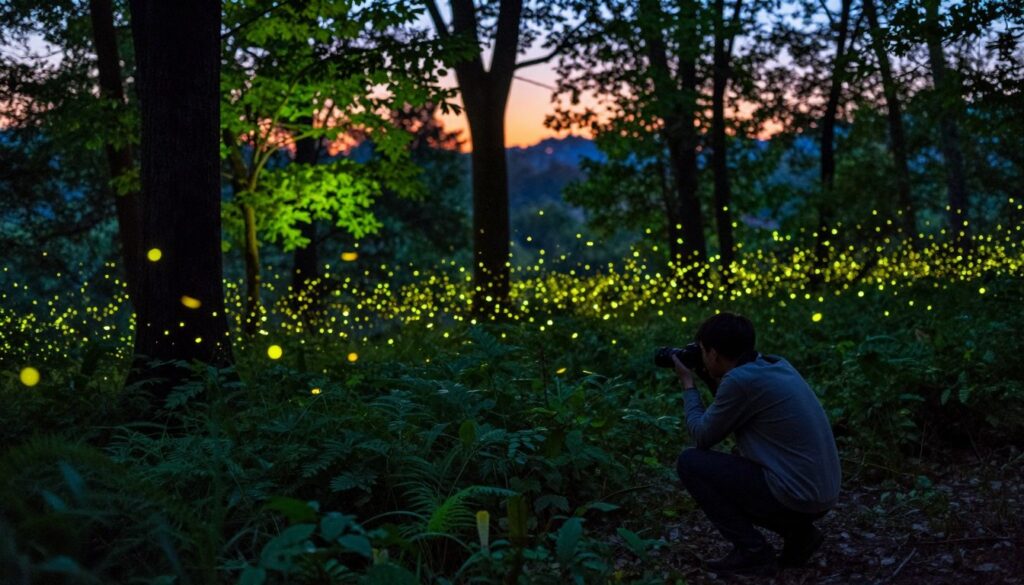 A serene forest clearing at twilight, with a focus on the enchanting phenomenon of fireflies glowing in the dimming light. In the foreground, a photographer, wearing modest casual clothing, crouches with a DSLR camera, capturing the ethereal dance of fireflies just above the lush undergrowth. The middle ground reveals clusters of trees with vibrant greenery, highlighted by the soft luminescence of the fireflies illuminating the evening. In the background, a deepening twilight sky, transitioning from orange to indigo, completes the atmosphere. The image should convey a sense of wonder and tranquility, with a slightly blurred depth of field to focus on the fireflies, showcasing their sparkling illumination against the enchanting forest setting. A gentle bokeh effect adds to the magic of the scene.