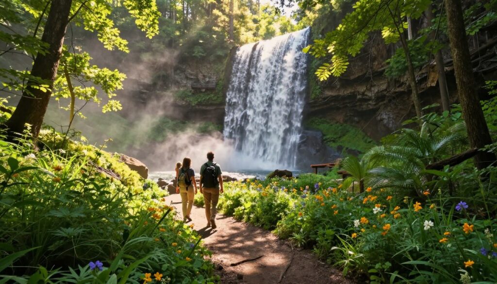 A serene forest trail leads to an enchanting hidden waterfall, surrounded by lush greenery and vibrant wildflowers. In the foreground, a pair of hikers in casual outdoor clothing are admiring the breathtaking scene, embodying a sense of adventure and tranquility. The middle ground features the cascading water glistening in dappled sunlight, while soft mist rises from the base, creating a dreamy atmosphere. In the background, towering trees create a natural frame, their leaves illuminated by golden rays of sunlight filtering through. The overall mood is peaceful and inviting, evoking the spirit of discovery and exploration in America's lesser-known treasures. Capture this moment from a slightly elevated angle to showcase the waterfall's beauty and the hikers' awe.