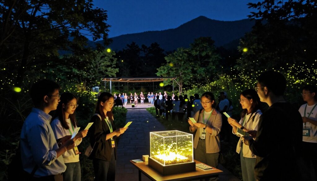 A serene night scene depicting a firefly lottery process in a lush Smoky Mountains setting. In the foreground, professionals in smart casual attire, holding glowing tickets, excitedly gather around a makeshift table with a transparent lottery box filled with luminescent fireflies. In the middle ground, a softly-lit pathway leads to a beautiful natural amphitheater filled with spectators, all attentively watching the firefly spectacle. Background elements feature majestic trees and twinkling stars above in a deep indigo sky. The lighting is warm and magical, with a soft glow from the fireflies illuminating the scene. The atmosphere is filled with anticipation and wonder, capturing the essence of nature and community in this unique experience.