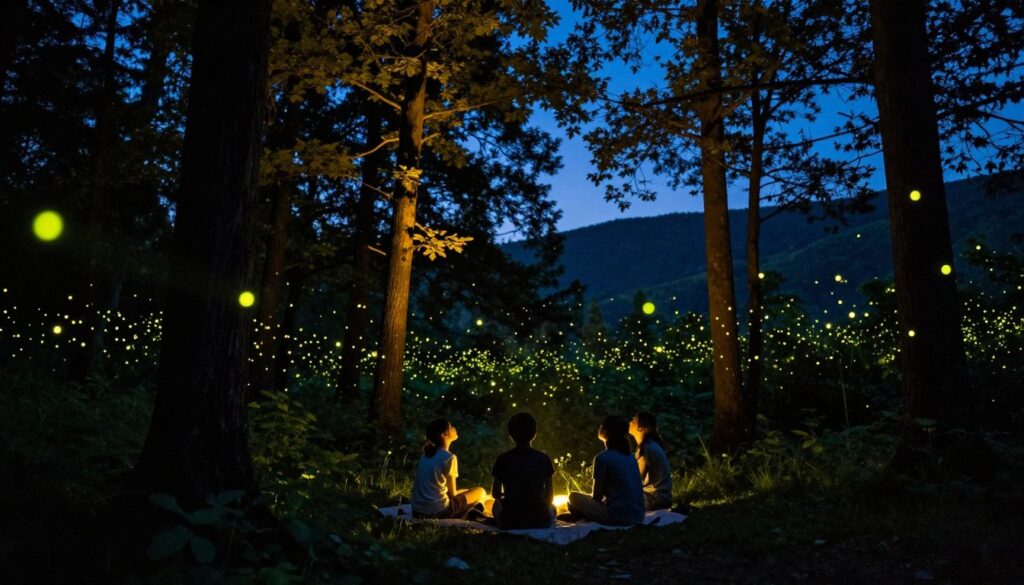 A serene nighttime scene capturing a magical firefly experience in a Smoky Mountain forest. In the foreground, a small group of people in modest casual clothing sits on a blanket, gazing up in wonder as fireflies dance around them, their tiny lights twinkling like stars. The middle ground features tall, shadowy trees softly illuminated by the warm glow of the fireflies, creating a lively contrast against the dark blue of the twilight sky. In the background, gentle rolling hills fade into the distance, with more shimmering fireflies creating a dreamlike atmosphere. Use a cinematic angle with a focus on the magic of the fireflies, emphasizing the enchanting vibe of nature during summer nights, with soft bokeh effects enhancing the lighting.