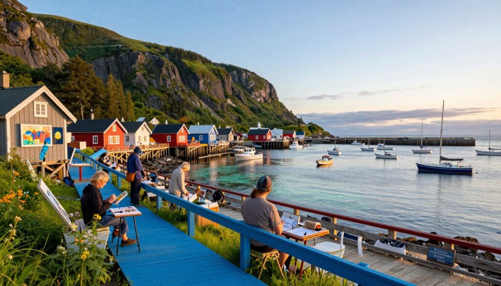 A serene view of Halibut Cove, Alaska, showcasing its unique artistic community. In the foreground, brightly painted wooden walkways lead to quaint, colorful seaside cottages adorned with art installations. Artists of various backgrounds are seen engaging with their crafts, dressed in modest casual clothing. The middle ground features a vibrant harbor filled with small boats bobbing on the crystal-clear waters. Lush, green cliffs rise in the background, dotted with trees and wildflowers under a clear blue sky. The soft, warm lighting of sunset casts a golden hue over the scene, enhancing the tranquil yet vibrant atmosphere of this artistic haven. Capture this scene from a slightly elevated angle to encompass the entire cove.