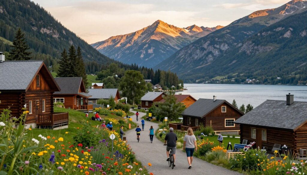 A serene view of Stehekin, Washington, a car-free village nestled in the lush wilderness, surrounded by towering mountains and the sparkling waters of Lake Chelan. In the foreground, quaint wooden cabins and cozy lodges, with people in modest casual clothing walking and biking along scenic pathways. In the middle ground, vibrant wildflowers bloom alongside a narrow hiking trail, leading towards friendly locals engaging in outdoor activities. The background showcases majestic mountain peaks bathed in soft golden sunlight, creating a warm, inviting atmosphere. The scene is captured with a wide-angle lens, evoking a sense of tranquility and connection to nature, emphasizing the village's car-free charm.