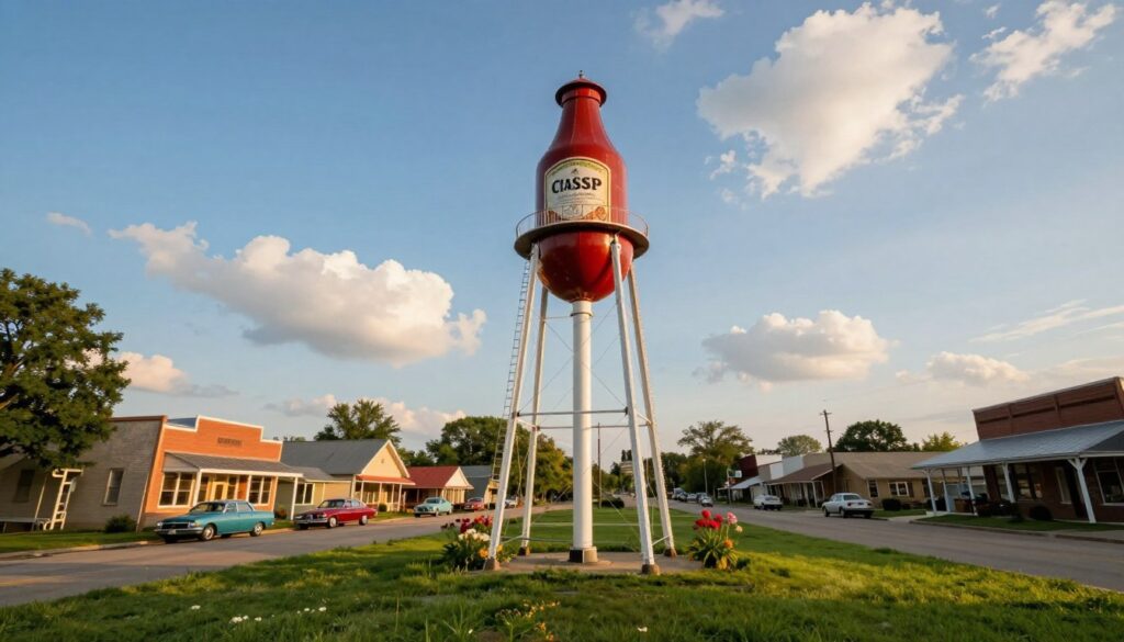 A striking and unique water tower design shaped like a giant catsup bottle, situated prominently in a small town setting. In the foreground, lush green grass surrounds the base of the tower, with a few colorful flowers scattered around. The midground features a charming, quaint street with vintage cars parked nearby, echoing a nostalgic atmosphere. In the background, a clear blue sky with soft, fluffy clouds adds depth and brightness to the scene. The lighting is warm and inviting, suggesting late afternoon, casting gentle shadows that emphasize the tower's distinctive shape. The perspective is slightly low-angle, making the catsup bottle appear towering and majestic, capturing the essence of this saucy landmark. The overall mood is cheerful and whimsical, celebrating this iconic symbol of Collinsville.