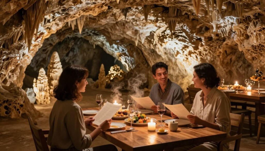 A stunning dining scene inside a natural cave, showcasing an elegant wooden table set for a cozy meal, adorned with candles and soft, ambient lighting. In the foreground, a couple, dressed in modest casual clothing, engaged in conversation, holding menus. The middle features delicious food platters, steaming dishes, and wine glasses. In the background, the cave walls glisten with mineral formations and stalactites, enhanced by warm, diffuse lighting that creates an inviting atmosphere. The overall mood is warm and intimate, reflecting the unique combination of cave tours and fine dining experiences. Capture the textures of the stone and the warmth of the candlelight, with a wide-angle perspective to highlight the cave's grandeur.