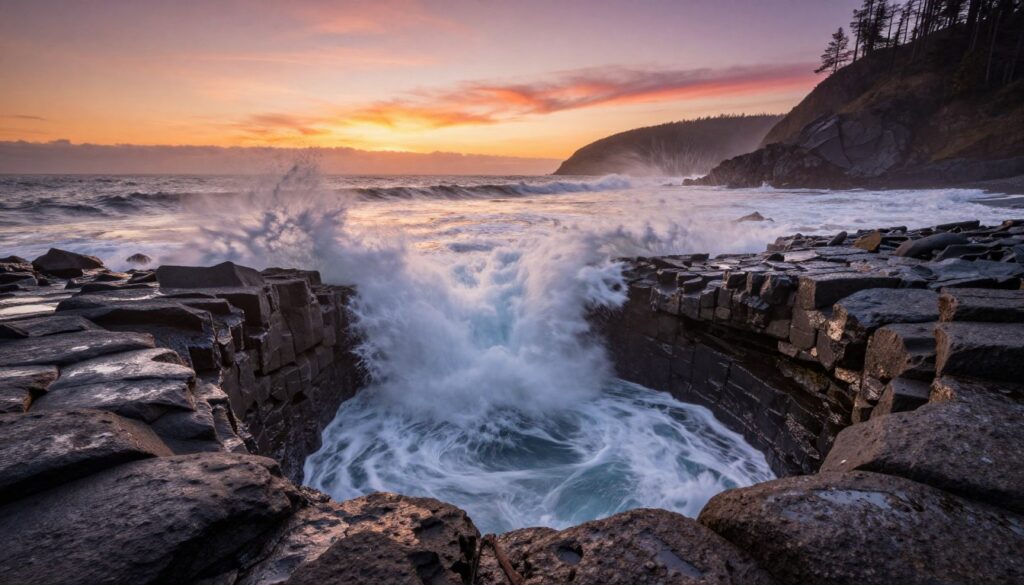 A stunning view of Thor's Well in Oregon, showcasing the natural phenomenon as waves crash dramatically against the rocky shoreline. In the foreground, the circular opening of the well is visible, surrounded by textured basalt rocks, glistening with ocean spray. In the middle ground, powerful waves surge into the well, creating a mesmerizing spray of white foam that catches the sunlight. The background features a rugged coastline under a vibrant sunset, illuminating the sky in hues of orange, pink, and purple. The scene evokes a sense of awe and tranquility, emphasizing the power of nature. Shot from a low angle using a wide lens, the image captures the dynamic interaction of water and rock, with soft golden light enhancing the atmosphere. No people are present in the scene.