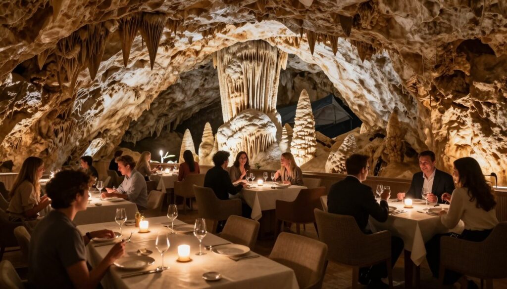 A stunning view of a top cave restaurant, set inside a natural cavern with rock formations and soft lighting. In the foreground, elegantly set tables adorned with exquisite dinnerware and flickering candles create an inviting atmosphere. The middle layer features diners enjoying their meals, dressed in smart casual attire, laughing and engaged in conversation. The background reveals impressive stalactites and stalagmites, casting dramatic shadows on the rugged cave walls. Soft, warm light illuminates the space, creating a cozy and intimate ambiance, while a gentle glow reflects off the smooth surfaces. The overall mood is one of culinary delight and adventure, capturing the unique dining experience these cave restaurants offer.