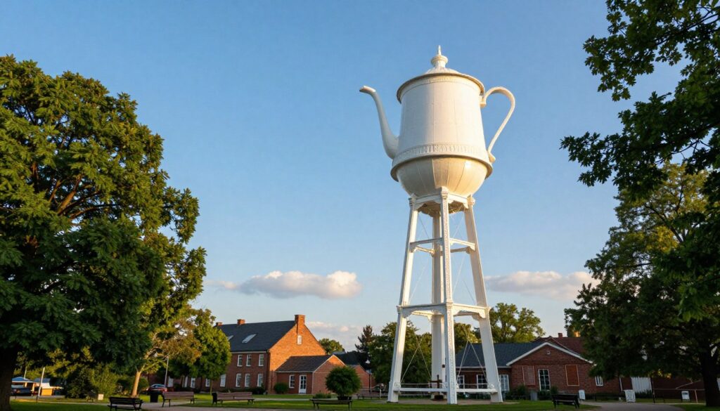 A stunning water tower designed to resemble a classic Swedish coffee pot, standing tall against a bright blue sky. In the foreground, lush green trees frame the base of the tower, adding a vibrant contrast to the structure. The coffee pot-shaped tower features a glossy, white exterior with intricate detailing that captures the eye, including a large handle and spout, with sunlight reflecting off its surface. In the middle ground, historic brick buildings hint at the rich culture of Kingsburg, while a small park with benches invites visitors to relax. The background is a clear horizon with a few fluffy clouds, giving the scene a serene and inviting atmosphere. The image is bathed in soft, warm lighting, as if captured in the golden hour, enhancing the charm of this iconic landmark. Use a wide-angle lens perspective to showcase the tower’s grandeur.
