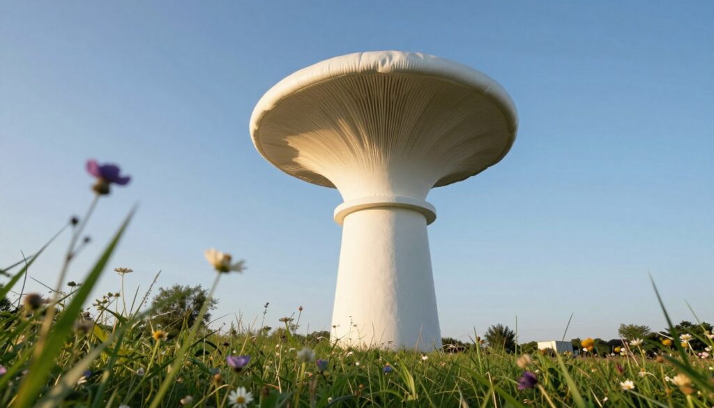 A stunning water tower inspired by mushroom architecture, towering majestically against a bright blue sky. The design features smooth, organic curves resembling a giant mushroom cap with intricate details, set in a lush green landscape. In the foreground, wildflowers and grasses frame the scene, while the middle ground showcases the water tower, its unique silhouette casting soft shadows as sunlight filters through. The background displays a clear horizon with minimal distant buildings, enhancing the tranquility of the setting. Use warm, natural lighting to create an inviting atmosphere, and employ a slightly low-angle perspective to emphasize the tower's grandeur. The mood should invoke a sense of wonder and appreciation for innovative engineering.