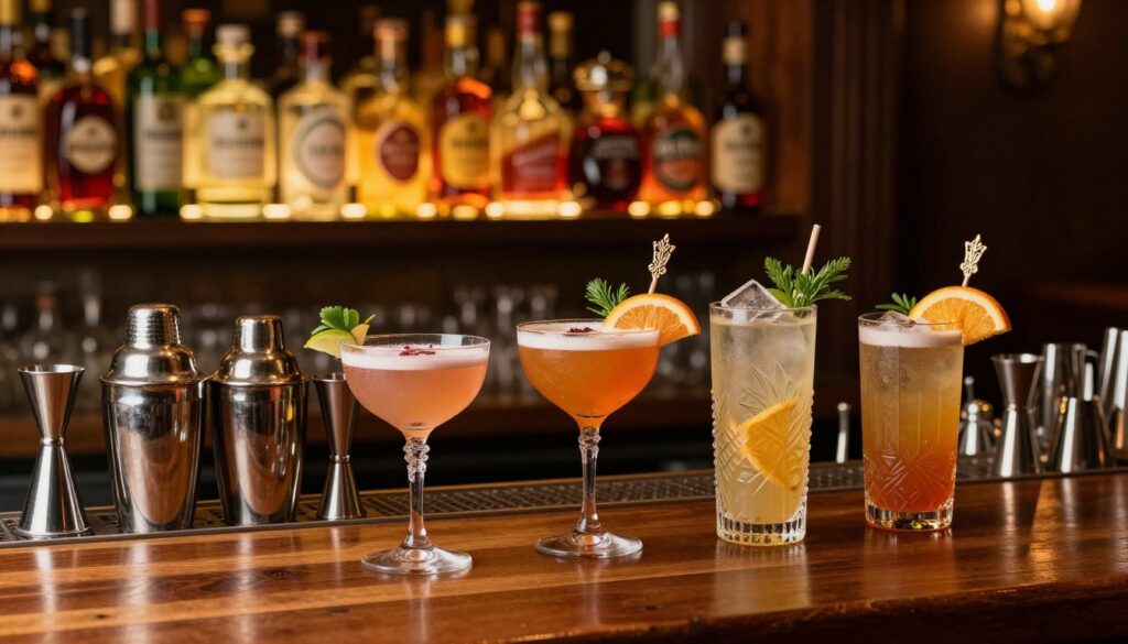 A stylish bar scene featuring an array of beautifully crafted cocktails. In the foreground, a wooden bar countertop is adorned with three exquisite cocktails in decorative glasses, showcasing vibrant colors and garnishes like citrus slices, herbs, and ornate cocktail stirrers. The middle section displays elegant bar tools such as shakers and jiggers, hinting at the artistry involved in mixology. The background features a softly lit shelf lined with vintage glass bottles and jars filled with colorful spirits, adding to the atmospheric charm. The warm, dim lighting evokes a cozy, inviting mood, reminiscent of the prohibition era. The image is captured with a shallow depth of field to emphasize the cocktails while keeping the background elements slightly blurred, lending sophistication to the scene.