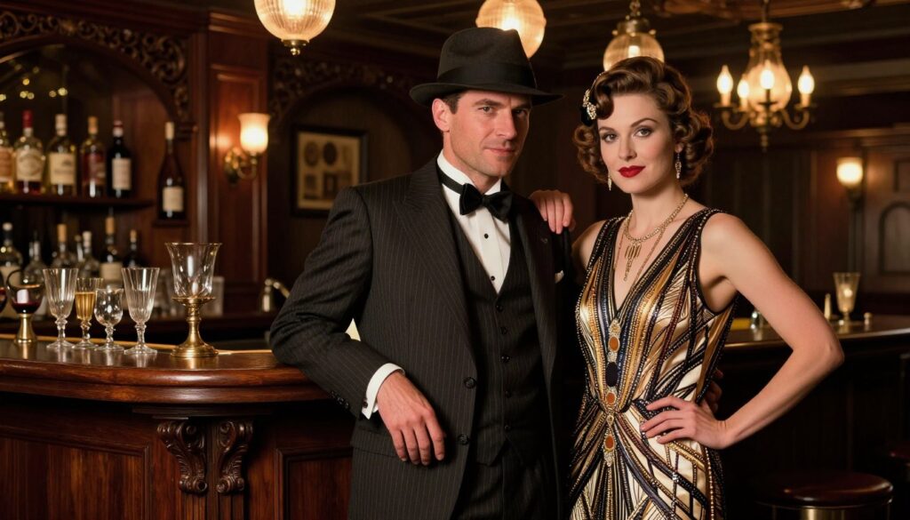 A stylish speakeasy scene capturing elegant bootlegger restaurant attire. In the foreground, a well-dressed couple stands out; the man wears a sharp pinstripe suit with a bow tie and a fedora, while the woman dons a glamorous 1920s flapper dress with delicate beading and art deco motifs. Their clothing is rich in texture and detail, reflecting an air of sophistication. In the middle ground, ornate wooden bar fixtures and vintage glassware evoke a classic speakeasy atmosphere. The background features dim lighting with elegant chandeliers casting a warm, inviting glow. The overall mood is one of energetic charm and nostalgia, reminiscent of the Prohibition era, capturing the essence of the time and place perfectly.