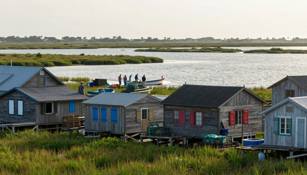 A tranquil scene of Tangier Island, Virginia, showcasing its unique community surrounded by the expansive Chesapeake Bay. In the foreground, depict quaint wooden houses with traditional architecture, some accented with colorful shutters, nestled among lush green marsh grasses. In the middle ground, include local fishermen in modest casual attire working on their boats, with nets and crab pots scattered around, emphasizing the community's connection to the water. In the background, illustrate gently swaying salt marshes and splashes of sunlight glimmering on the bay, creating a serene atmosphere. The lighting should be soft, reminiscent of early morning or late afternoon, capturing the peaceful yet vanishing essence of this remote village. Use a wide-angle lens perspective to encompass both the community and its natural surroundings.