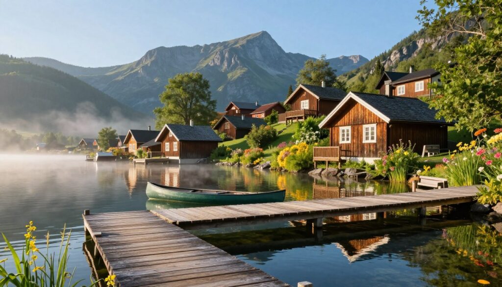 A tranquil scene of a secluded US village, accessible only by boat, plane, or hike. In the foreground, a rustic wooden dock extends into a crystal-clear lake, with a small canoe tied up. The middle ground features charming wooden cabins nestled among lush greenery, surrounded by vibrant wildflowers and towering trees. A gentle mist hovers above the water, suggesting early morning tranquility. In the background, rugged mountains rise majestically against a clear blue sky, reflecting in the lake’s surface. Soft, natural lighting creates a warm, inviting atmosphere, emphasizing the serene isolation of this hidden settlement. Capture this scene from a slightly elevated angle, highlighting the harmonious blend of nature and architecture.