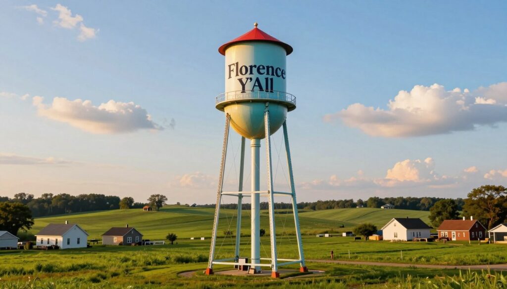A unique and vibrant water tower design inspired by Kentucky's culture, prominently featuring the phrase "Florence Y'All" creatively integrated into its structure. The foreground showcases the tower with a playful, exaggerated shape that represents the grammatical rebel spirit, painted in bright, local colors. In the middle ground, lush green fields reflect Kentucky's pastoral charm, while small, traditional houses dot the landscape, emphasizing the community surrounding the tower. The background features a gentle gradient of a clear blue sky with soft, fluffy clouds, illuminated by warm, golden sunlight, suggesting a serene late afternoon. The scene captures a cheerful and whimsical atmosphere, evoking a sense of local pride and humor. The image should be framed with a slight angle to create depth, inviting the viewer's eye toward the tower.