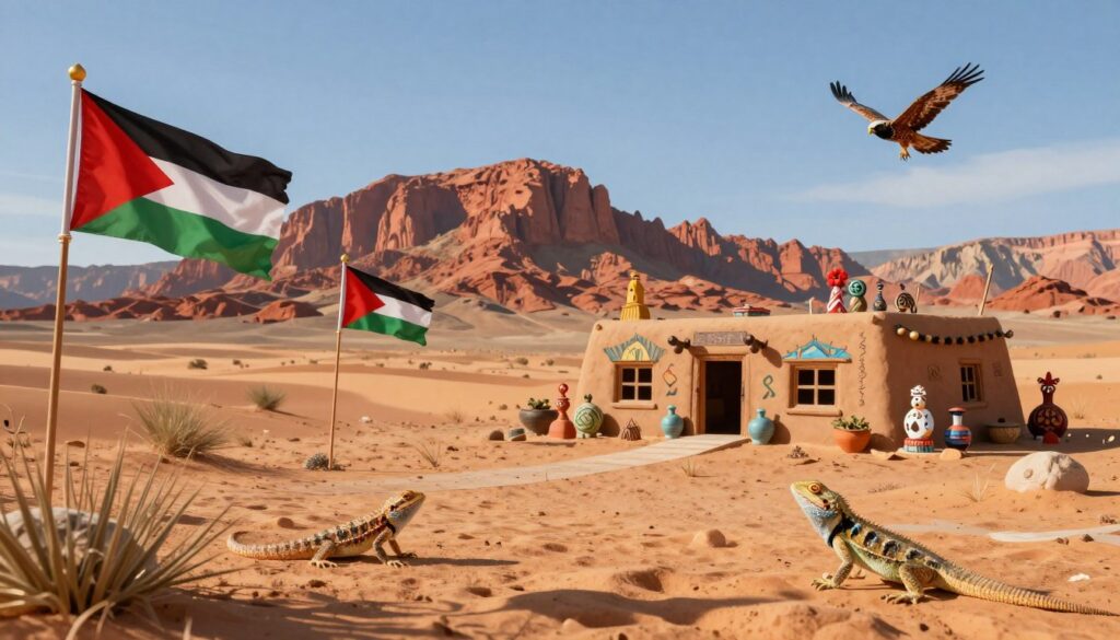 A vibrant and imaginative landscape depicting the fictional Republic of Zaqistan, a desert micronation in Utah. In the foreground, feature playful, colorful flags representing Zaqistan waving gently in a warm breeze, while local wildlife such as agile lizards and soaring hawks add life to the scene. The middle ground showcases a quirky adobe-style building, adorned with unique murals and quirky statues that reflect the humorous history of the micronation. In the background, Utah's iconic red rock formations rise majestically under a clear blue sky, with soft, golden sunlight casting warm shadows across the landscape. Capture a whimsical yet serene atmosphere, utilizing a wide-angle lens to emphasize the vastness of the desert and the colorful charm of this micro-nation. The overall mood should be lighthearted and inviting, without any text or distractions.