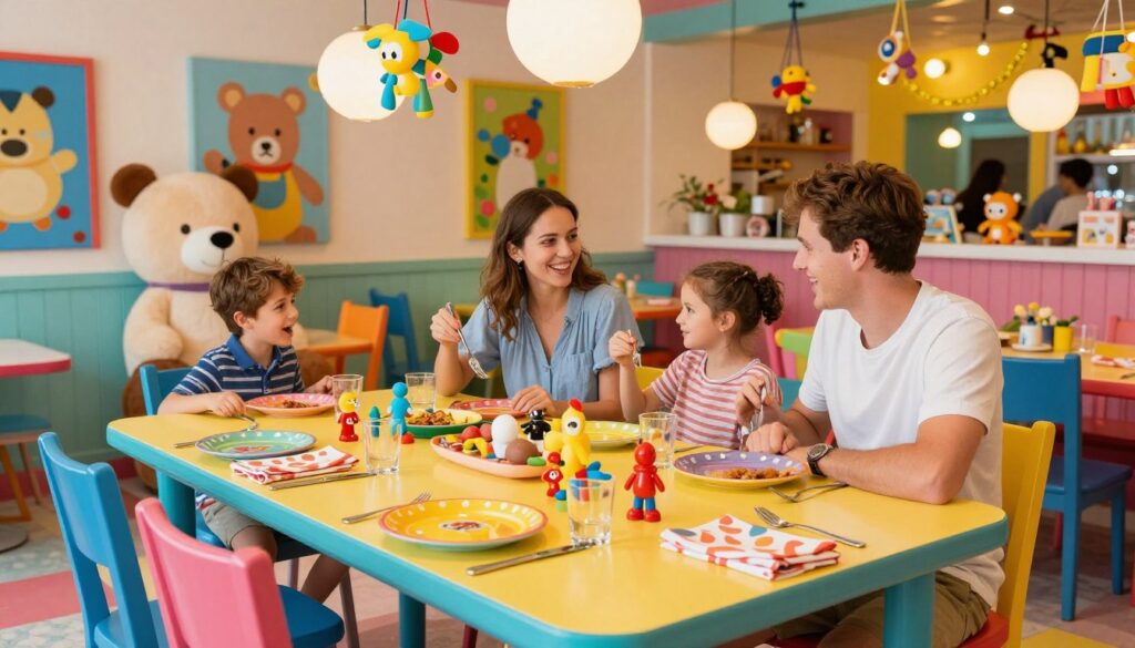 A vibrant and whimsical dining scene inspired by The Bubble Room on Captiva Island, Florida. In the foreground, a colorful table set with playful, toy-themed decorations: miniature figurines, bright plates, and cheerful napkins. In the middle, a family of four, dressed in casual, modest clothing, joyfully interacting and enjoying their meal amidst a backdrop of oversized stuffed animals and playful artwork. The background showcases a lively, cheerful interior filled with hanging toys and a whimsical decor style, bathed in warm, inviting lighting. The atmosphere is bright, fun, and inviting, conveying a sense of nostalgia and joy, reminiscent of a playful childhood experience in a unique restaurant setting.