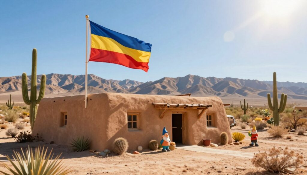 A vibrant depiction of the Republic of Molossia, a quirky micro-nation in the Nevada desert. In the foreground, showcase a charming adobe-style building with a colorful flag flying proudly. To the side, add playful elements like a miniature statue or garden gnomes to evoke its whimsical spirit. The middle ground features arid terrain dotted with cacti and desert flora, encapsulating the unique landscape of this sovereign anomaly. In the background, distant mountains under a brilliant blue sky complete the scene. Use warm, inviting sunlight to create an uplifting atmosphere, with a slight lens flare to enhance the brightness. The overall mood should be light-hearted and humorous, reflecting the eccentric nature of this independent micro-nation.